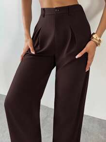 Firerie Women Elegant Mocha Brown Bamboo Textured Wide-Leg Comfortable High-Waisted Trousers/Pants,Graduation,Teacher Outfits For Women,Back To School,Elegant Going Out Tops,Back To School,Grunge Clothes, Fall Clothes Women,Teacher Outfits - Khaki - View 7