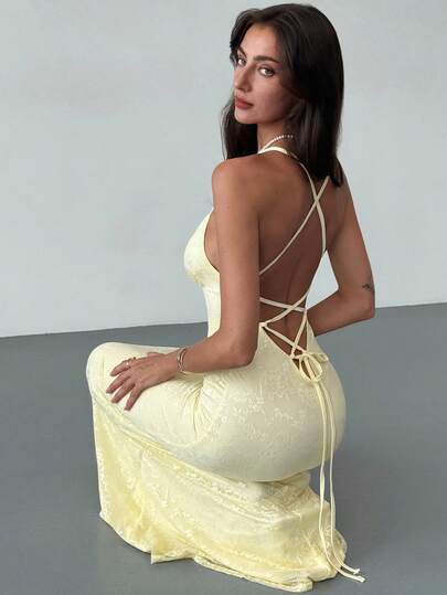 Aloruh Women's Elegant Sexy Solid Color Lace Backless Halter Dress, Summer   Wedding Guest Dress Women,Wedding Guest Dress, Dress For Wedding Guest Formal Dresses For Wedding Guest Dresses For Wedding Event Wedding Guest Dress Elegant  Wedding Guest Wedding Guest Dresses  Wedding Dress Guest  Dresses For Wedding Guest Wedding Guest Dress Women Bridal Shower Dress White  Elegant Modest Wedding Anniversary Bridesmaid Party Date Sexy Cream Yellow Lace Fabric Open Back Sexy Fishtail Hem Slim Temperament Elegant Sexy Date Romantic Party