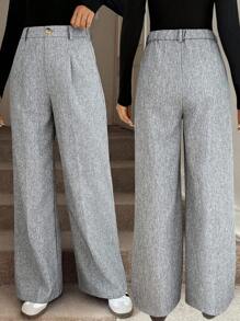 Easowa Quần dài xếp ly thanh lịch màu xám cho nữ có túi, mùa thu/đông - Xám - Xem 3