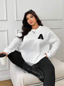 SHEIN EZwear Conjunto de 2 Peças Top Casual Solta de Manga Longa e Calça Skinny Plus Size - Preto e Branco - Visão 5