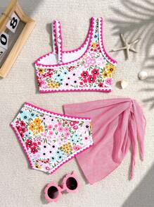 Sparklyn 女童不对称花卉荷叶边夏季比基尼套装 - 彩色 - 查看 2
