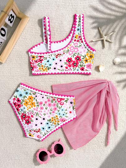 Sparklyn Bộ bikini mùa hè họa tiết hoa bất đối xứng cho bé gái tuổi teen