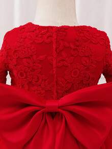 Glamorique Kids 女婴红色刺绣蕾丝边长袖缎面网眼礼服，圣诞节、万圣节、派对、生日、高端公主裙 - 紅色 - 查看 3