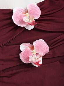 Sweetra 全新 Y2K 花卉图案褶饰腰部修身抹胸女式上衣 - 酒紅色 - 查看 4