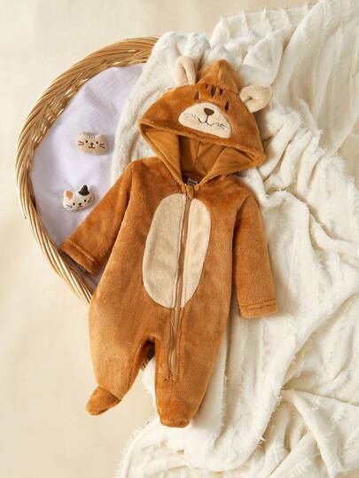 新生儿可爱温顺咖啡棕色老虎刺绣柔软羊毛连脚连体衣