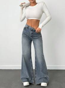 EURMUSE VINTAGE Casual WASH HIGH WAIST WIDE LEG CUT FRAYED HEM Y2K STYLE JEAN Summer Everyday Light Blue - Dusty Blue - View 5