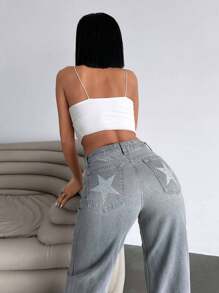 CasuGlow 休闲洗水亮片星星设计直筒牛仔裤 - 灰色 - 查看 4