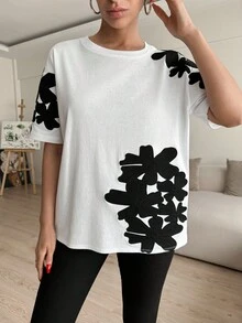 RueChic Women Flower Embroidered Oversize T-Shirt - White - View 3
