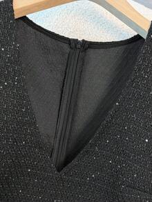 Franclia 女士优雅 V 领 A 字形无袖粗花呢连衣裙 - 黑色 - 查看 4