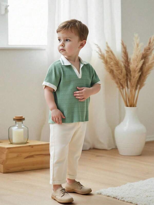Set de 2 piezas de Top de polo con cuello de contraste y Pantalones casuales blancos para niños pequeños, verde menta, de tela suave y texturizada, de alta elasticidad, versátil para la escuela, viajes, vacaciones, todo a juego