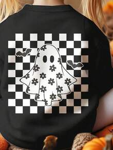 SHEIN 复古黑色，可爱奶油格子鬼，花卉，蝙蝠印花休闲宽松圆领舒适针织长袖运动衫，适合秋冬季，万圣节南瓜 - 彩色 - 查看 2