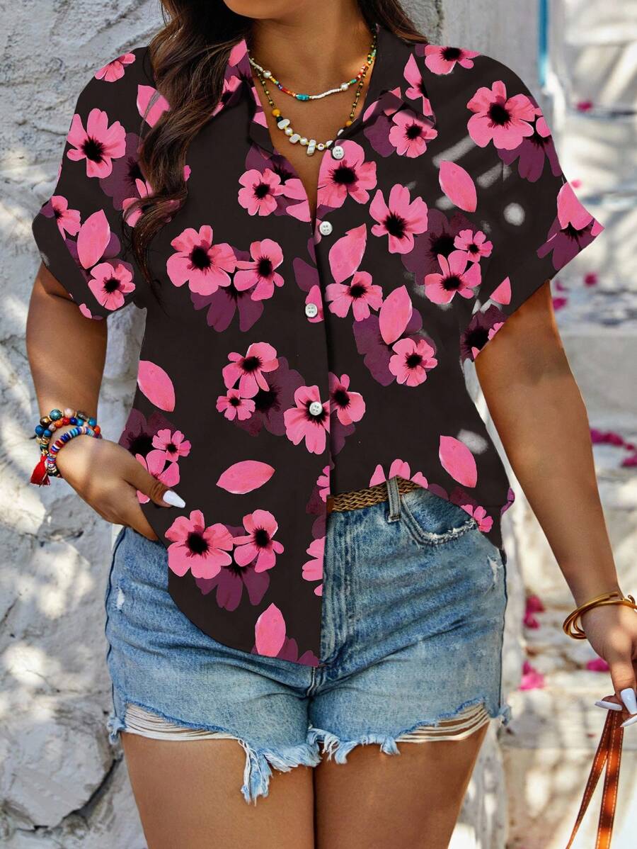 EMERY ROSE Casual And Simple Bohemian Style, Colorful Floral Vacation Style Short-Sleeved Shirt - Multicolor - View 1