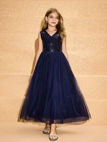 青少年女孩 V 领细肩带亮片撞色网眼腰连衣裙，优雅适合舞会、派对、学校开学典礼 - 藍色 - 查看 4