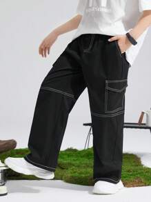 SHEIN Tween Boy Loose Casual Contrast Stitching Work Pants - Black - View 1