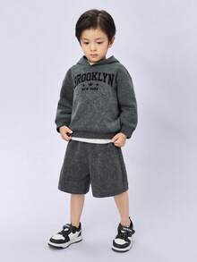 2 件儿童男童休闲字母图案连帽运动衫和运动裤运动服套装，适合学校、花园、海滩、生日、春季、夏季、秋季、冬季 - 深灰色 - 查看 5