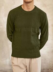 Manfinity Mode 男士纯色轻薄针织毛衣，圆领，长袖，春秋季 - 軍綠色 - 查看 6