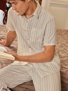 EverLounge Bộ đồ ngủ tay ngắn ôm vừa vặn họa tiết sọc dệt cho nam - Nhiều màu - Xem 7