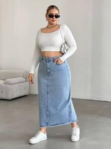 EURMUSE HIGH RISE MAXI DENIM SKIRT WITH SLIT - Medium Wash - View 5