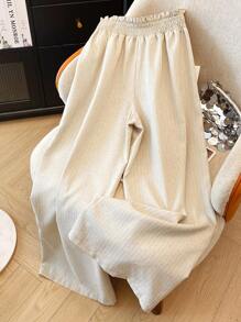 Franclia Women's Spring/Summer Linen-Like Striped Decorative Wide-Leg Pants With Ruffle Waistband, Casual Holiday Style Fall Cloth For Women