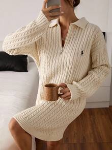 EURMUSE Cream Cable Knit Mini Dress With Polo Embroidery And Balloon Sleeves - Cream - View 3