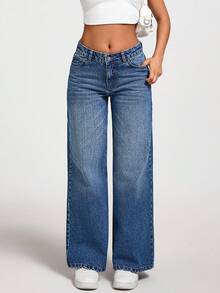 EURMUSE Jeans rectos de tiro bajo lavados para mujer - Azul lavado medio - Ver 6