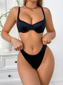 SHEIN Set de 2 sujetadores de unicolor simple con aros - Negro - Ver 3