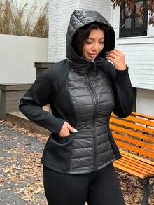 SHEIN CURVE+ Áo khoác nữ cỡ lớn có khóa kéo, ấm áp cho mùa thu/đông, mùa thu, trở lại trường, vải chần bông, ấm áp - màu đen - Xem 6