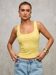 SHEIN BAE 女士夏季岛屿假期意大利度假水晶装饰方领修身吊带背心/度假背心 - 黃色 - 查看 5