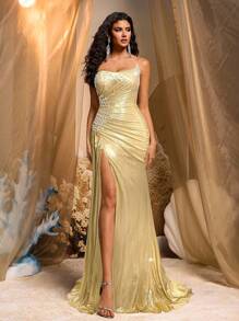 Glamrae Falda de cola de pez con abertura, elástica, con volantes, adornada con cuentas y cristales, elegante y lujosa, adecuada para bodas, fiestas, vacaciones, galas y ocasiones formales (muy recargada) - Amarillo claro - Ver 2