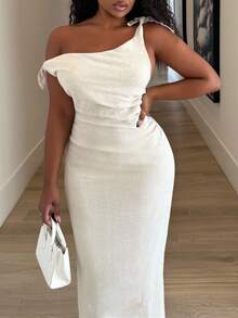 Alexandranx Women's Solid Asymmetric Neckline Ruched Elegant Long Dress,Rave Outfits Festival - Apricot - View 3