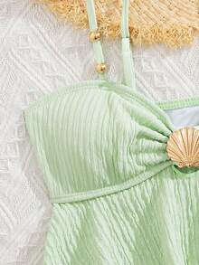 2pcs Girls' Cute Ruffle Trim Swimsuit Set, Suitable For Beach, Vacation In Summer - Green - View 5