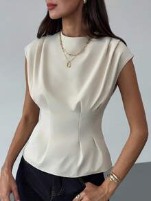 Aloruh 女士纯色圆领短袖褶裥腰身时尚衬衫，适合秋季穿着，也适合所有女性，秋季女装，秋季女装，教师款，商务休闲女装，商务休闲女装，商务休闲女装，教师衬衫，简约优雅修身杏色衬衫，适合办公室通勤，优雅女式衬衫，时尚女式衬衫 - 杏色 - 查看 5