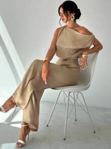 Firerie 女士不对称露肩宽松镀金无袖上衣和松紧腰阔腿裤套装，适合约会、派对、通勤、音乐节、毕业典礼、教师装、正式场合 - 金色 - 查看 3