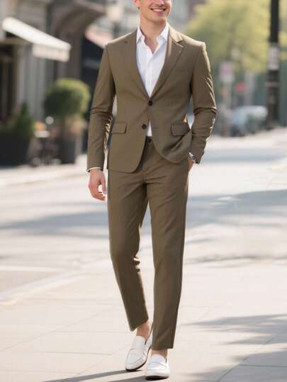 Manfinity Bizformal Men's Casual Business Suit Set Is Crafted From High-Quality Fabrics, Offering A Structured, Stylish Look That's Lightweight And Breathable. Blending Modern Minimalism With Classic Business Elements, It Exudes Refined Sophistication. The Slim Fit And Three-Dimensional Tailoring Contour The Body, Enhancing Presence And Suiting Men Of All Ages And Body Types. Classic, Versatile Colors Pair Easily With Shirts, T-Shirts, Leather Shoes, Or Casual Shoes, Making It Ideal For The Office, Business Trips, Gatherings, Commuting, Or Travel. The Coordinated Suit Design Is Simple Yet Elegant, Wrinkle-Resistant, And Easy To Care For-Perfect For Photos, Street Style, And Check-Ins. Comfortable And Skin-Friendly, It's Suitable For Spring, Summer, And Autumn. As A Gift For Your Boyfriend, Husband, Father, Or Friends, This Suit Set Is Both Practical And Tasteful, Perfectly Expressing Care And A Sense Of Style. Men's Solid Color Jacket And Pants Suit