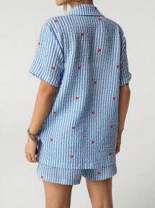 SHEIN ICON 2 件女士蓝色条纹心形印花两件套日常穿搭 - 藍色 - 查看 2