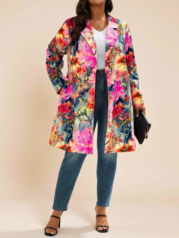 EMERY ROSE Plus Size Floral All-Over Print Casual Windbreaker Floral Outfits For Women Floral Blazer Women Floral Print Blazer,Fall Clothes Plus Size,Going Out Outfits,Business Casual Woman Curve