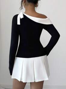 Elenzga 女式撞色拼布不对称领修身毛衣 - 黑色 - 查看 2