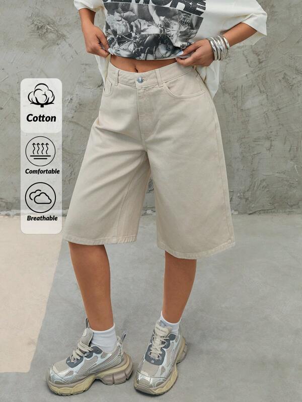 EURMUSE Women Mid Waist Khaki Knee Length Denim Shorts Women's Summer Clothes Women's Clothes Women's Bottoms Work Streetwear