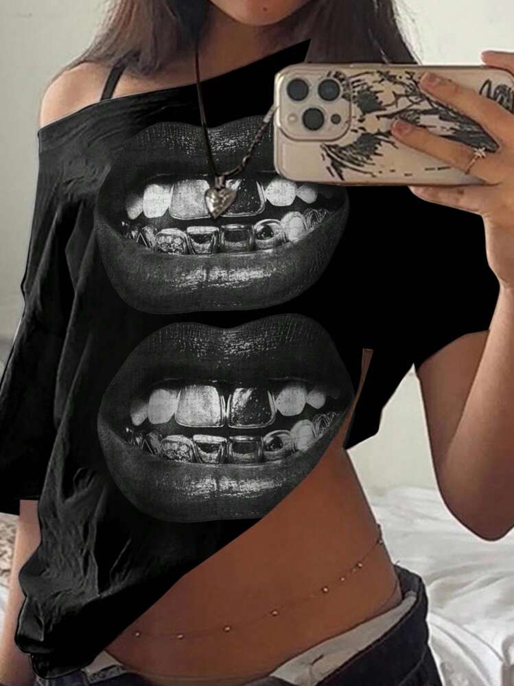 SHEIN EZwear 休闲简约唇印露肩宽松短袖T恤女款，适合夏季 - 彩色 - 查看 5