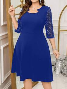 Reflora Plus Size Women's Rhinestone Mesh 3/4 Sleeve Elegant Dress - Royal Blue - View 3