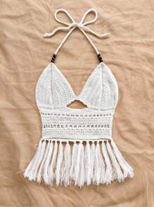 Soleia Women's Vacation Beaded Halter Tasseled Hem Knit Top, Suitable For Holiday Dates, Afternoon Tea, Beach, Cruise, City Vacation, Wedding Season, Music Festival, Boho Vacation,Fall