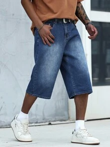 Manfinity Homme Quần short denim ống rộng Bermuda thoải mái cho nam có túi, quần baggy jorts cho nam, quần short denim ống rộng cho nam - Rửa tối - Xem 5