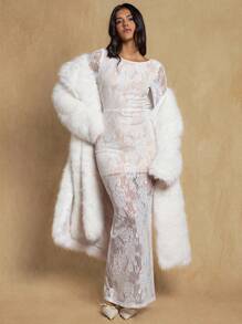 Glamine Nuevo vestido maxi de mujer de manga larga, ajustado, con espalda descubierta, abertura en el bajo, encaje tejido, sexy y elegante, para las cuatro estaciones, vestido de dama de honor, vestido de invitada de boda, vestidos para fiestas de mujeres, atuendos de cumpleaños para mujeres, vestidos elegantes para mujeres, atuendos de vacaciones para mujer, ropa de otoño para mujeres - Blanco - Ver 1