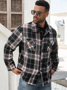 Manfinity Homme Veste casual en mélange de laine à manches longues, simple boutonnage, à carreaux, grande taille, pour hommes - Multicolore - Voir 4