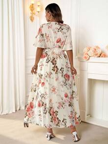 Reflora Curve Plus Size Women's Romantic Casual Daily Lotus Leaf Short Sleeve V-Neck Waist Tie Waist A-Line Ruffle Asymmetrical Hem Printed Long Dress,Floral Dress Women - Pink - View 2