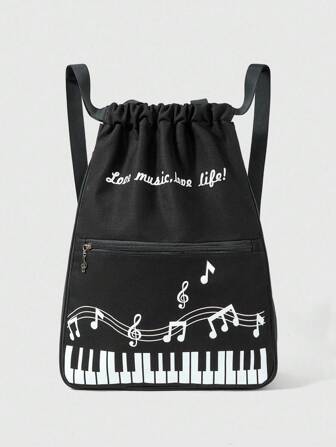 Anime Mochila y bolso con cordón de gran capacidad con bolsillos con cremallera múltiple con estampado de letra y nota musical de teclado de piano, versátil mochila casual unisex para ir al trabajo, la universidad, viajes