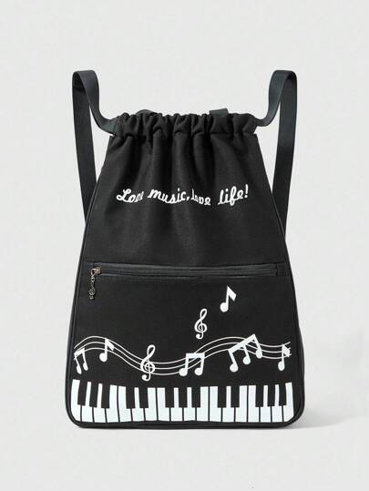 Anime Letter & Music Note Piano Keyboard Print Multi-Zipper Pocket Large Capacity Drawstring Backpack & Handbag, Versatile Casual Unisex Daypack For Commuting, College, Travel