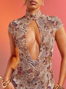 Hauture Abstract Floral Animal Print Lace Mesh Dress