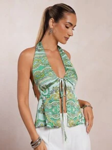 L'Amorae Women's Paisley Printed Satin Halter Neck Spaghetti Tie Front Top - Multicolor - View 4