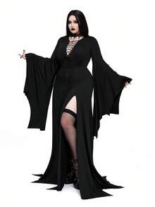 Whyspr 大码女式 2025 复古休闲朋克风格深 V 领荷叶边领抽绳下摆高开衩蝙蝠袖长裙，女巫暗黑风格，适合万圣节和节日 - 黑色 - 查看 3